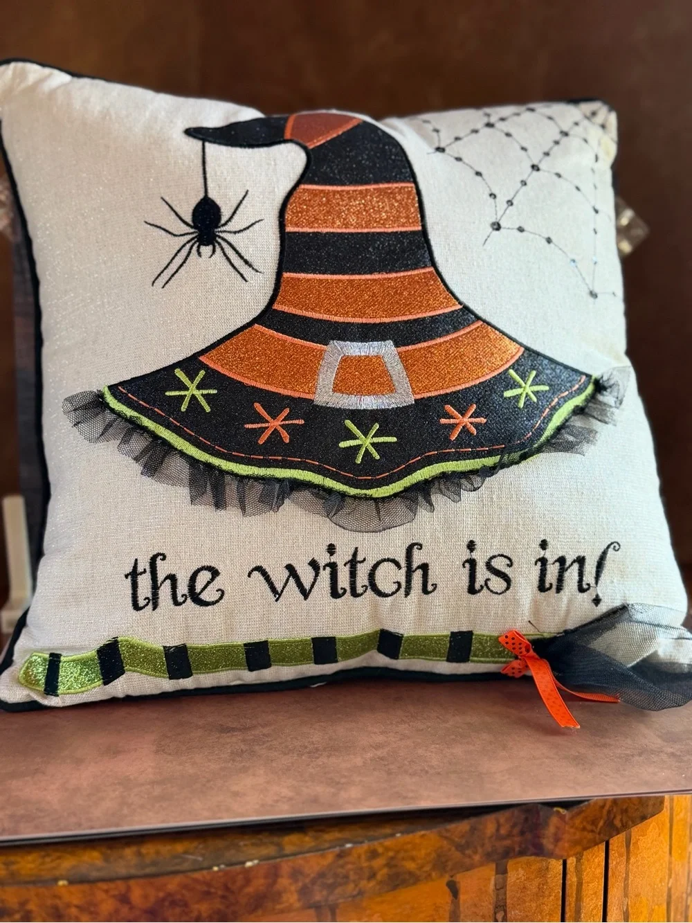 Glitter Witch Hat Holiday Pillow - Orange, Black, Green